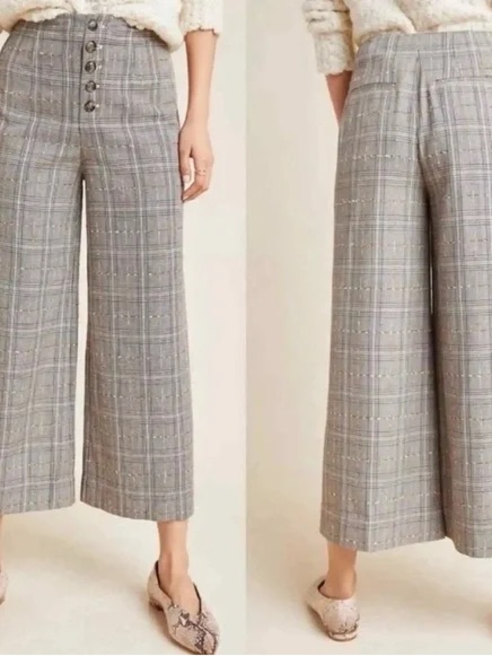 Anthropologie Black Off White Plaid High Waist Crop Wide Leg Chenille Roma Pants